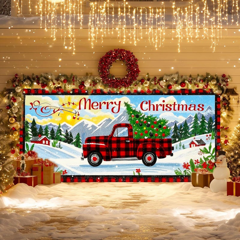 IVN Christmas Garage door banner Red Plaid Truck Christmas Tree Winter Mountain Scene Door Cover Indoor And Outdoor Studio Background Hanging Decoration 13x6ft - Image 2